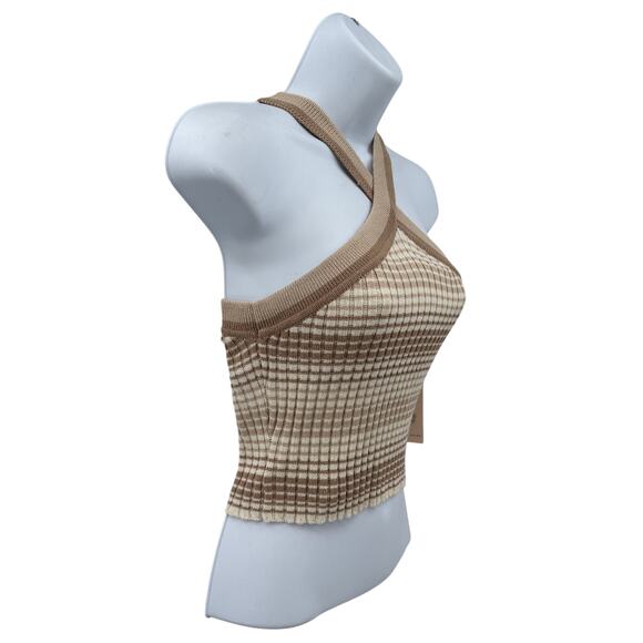 Sincerely Jules Halter Knit Crop Top WMNS M Beige Tan Brown Ribbed Check Pattern - Picture 2 of 7